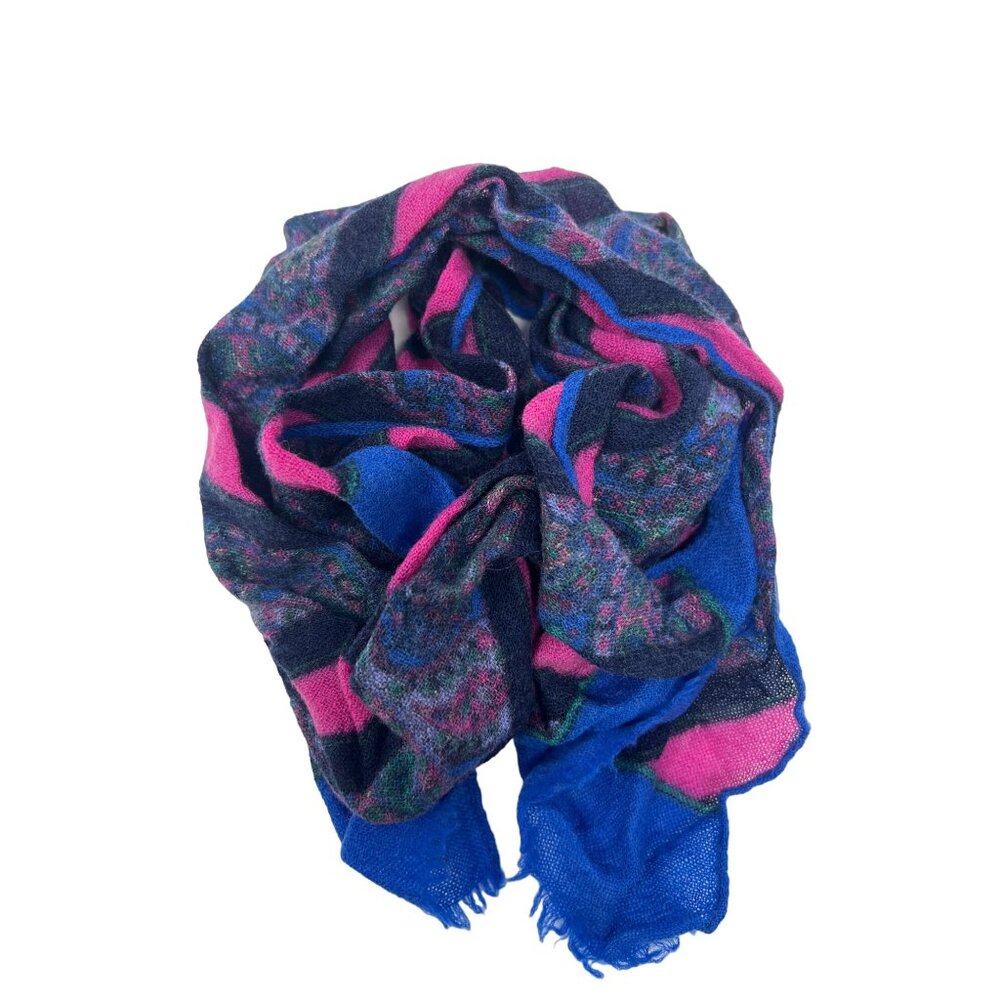 Fringe Trim Rectangle Wool Shawl Scarf 51 Inches Blue Pink Striped Boho Wrap Lig